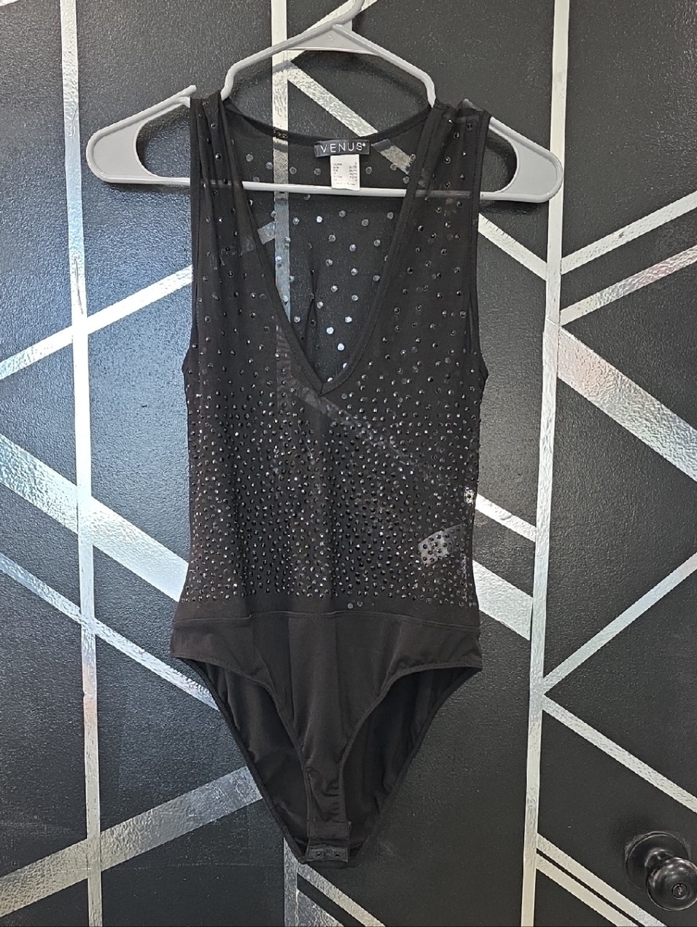 VENUS Black Sleeveless Rhinestone Mesh Bodysuit